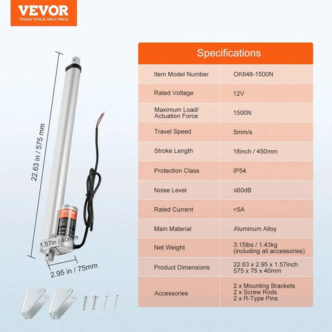 Heavy Duty 12V 18 Inch Linear Actuator With 330 Lb Load, 0.19 Inches Per Second Travel, IP54 Protection, technical specifications shown