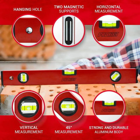 18 Inch Magnetic Level With 180 Degree 90 Degree And 45 Degree Bubbles Aluminum Body Shock Resistant Level Tool With Overhead Viewing For Comfortable Readings On Metal And Wood Surfaces Ideal For Quick Accurate Measurements And Easy Reading From Above on bricks with features shown