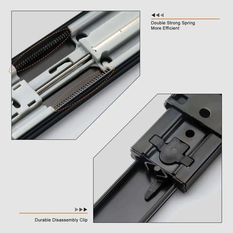 Close-up of Two Pairs 18 Inch Soft Close Drawer Slides Heavy Duty Cabinet Rails with full extension ball bearing design and disassembly clip
