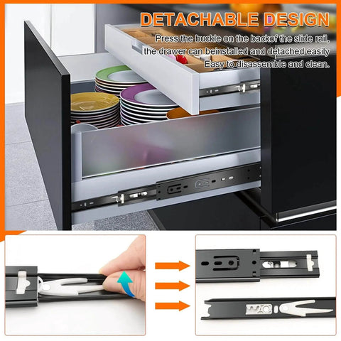 18 inch Drawer Slides 6 Pairs (12pcs) Soft Close 3 fold Full Extension Side Mount Cabinet Drawer Glides 18" Black Cabinet Rails shown in kitchen drawer installation, featuring easy detachable design with close-up of slide components.