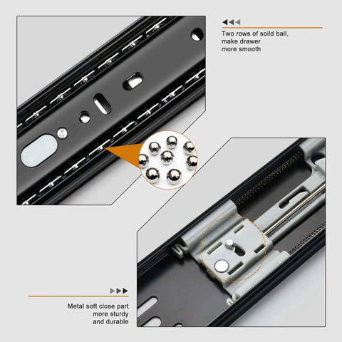 Close-up of Two Pairs 18 Inch Soft Close Drawer Slides Heavy Duty Cabinet Rails with ball bearing design, metal parts visible
