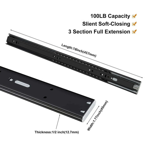 Two Pairs 18 Inch Soft Close Drawer Slides Heavy Duty Cabinet Rails With Full Extension Ball Bearing Design 3 Section Drawer Runners