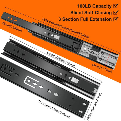 18 inch Drawer Slides 6 Pairs (12pcs) Soft Close 3 fold Full Extension Side Mount Cabinet Drawer Glides in black with dimensions
