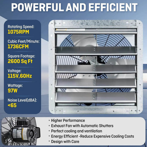18 Inch Wall Mounted Shutter Exhaust Fan With Automatic Shutter, Thermostat, And Variable Speed Controller Delivers Beefy 1736 CFM Airflow For Up To 2600 Sq Ft, 0.85A, 115V, Silver shown in front view with galvanized steel.