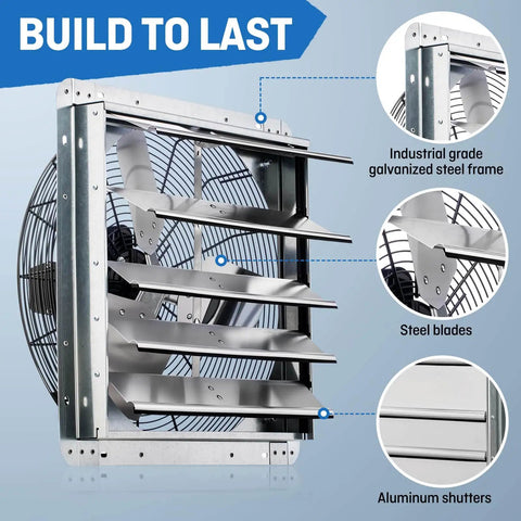 18 Inch Wall Mounted Shutter Exhaust Fan With Automatic Shutter, Thermostat, And Variable Speed Controller Delivers Beefy 1736 CFM Airflow For Up To 2600 Sq Ft, 0.85A, 115V, Silver, showing side view with steel frame and blades
