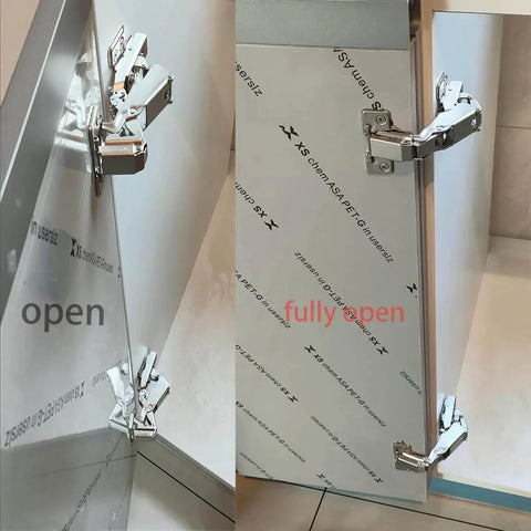 2pack 180 Degree Soft Closing cabinets Hinge installed on frameless cabinet door showing open and fully open positions.