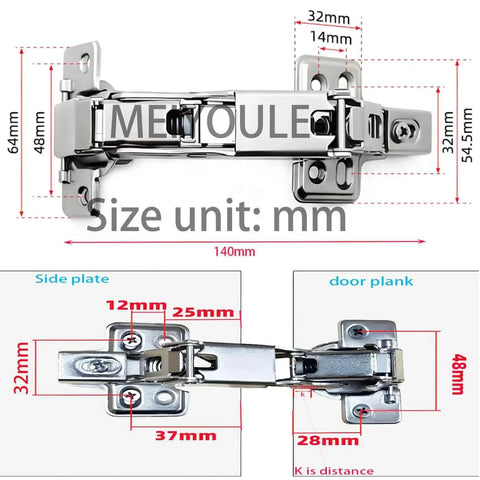 Diagram of MEIYOULE 2pack 180 Degree Soft Closing cabinets Hinge showing detailed measurements in millimeters