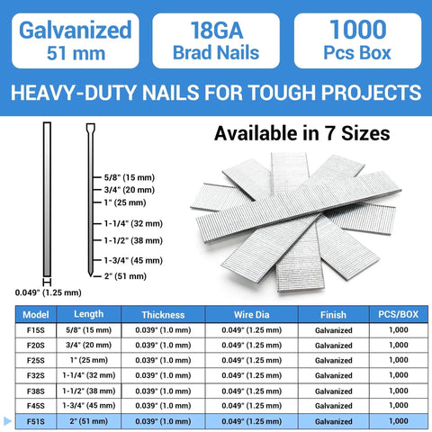 Chart showing 18 Gauge Brad Nails 2 Inch Galvanized 1000 Count For Pneumatic Brad Nailer Meite F32 F50C dimensions and sizes