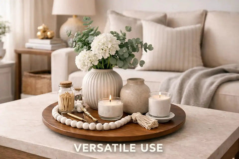 18 Inch Acacia Wood Turntable Organizer Lazy Susan with decorative items in a living room setting
