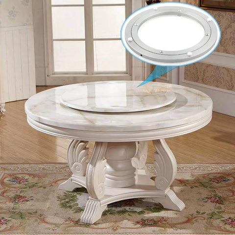 Dining table with 18 Inch Aluminum Heavy Duty Lazy Susan Turntable Bearing, round swivel plate hardware, smooth rotating base visible