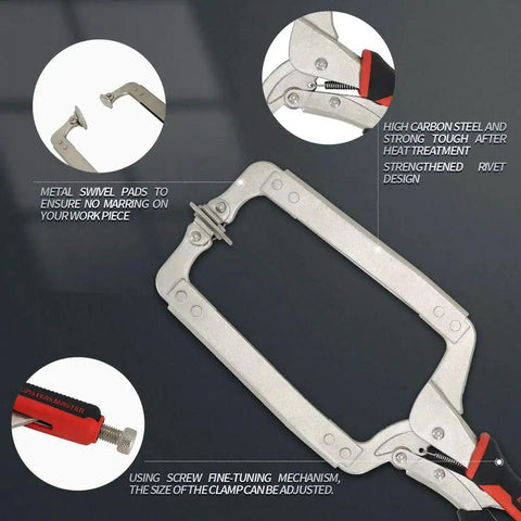 Heavy Duty 18 Inch C Clamp Locking Pliers With Swivel Pads For Welding And Woodworking 2 Piece Set Designed For Pocket Hole Joinery And Metal Fabrication With Jaw Depth Of Six Inches And Material Grip Up To Four And Three Quarters Inches Monster And, close-up view
