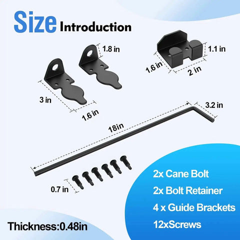 18 Inch Cane Bolt Drop Rod For Gates And Fences, Heavy Duty Gate Latch components with dimensions and parts list