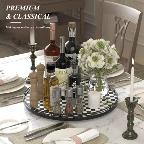 18 Inch Black And White Checkered Lazy Susan Turntable With Iron Frame Decorative Tray on dining table with condiments and flowers