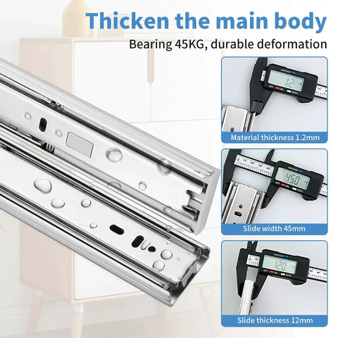 Close-up of 18 Inch Drawer Slides Set With Soft Close And Full Extension Ball Bearing Rails, showing durable metal construction details.