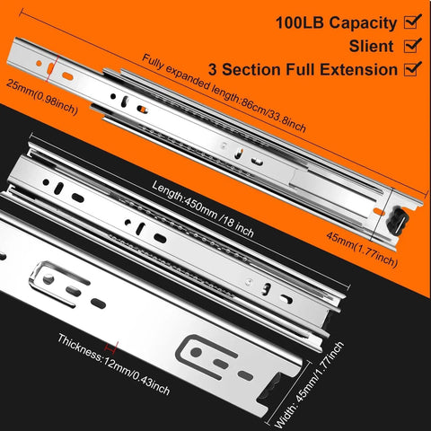 18 Inch Full Extension Drawer Slides 4 Pairs 8 Pieces Side Mount Cabinet Glides Silver 100 LB Capacity For Dresser Cabinet Kitchen Wardrobe