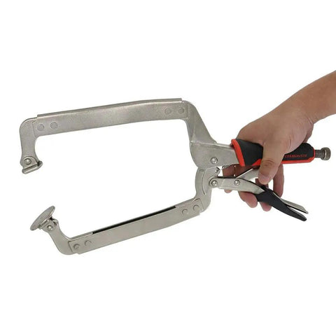 Heavy Duty 18 Inch C Clamp Locking Pliers With Swivel Pads For Welding And Woodworking 2 Piece Set Designed For Pocket Hole Joinery And Metal Fabrication With Jaw Depth Of Six Inches And Material Grip Up To Four And Three Quarters Inches Monster And