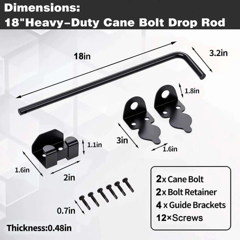 Dimensions layout of Two Pack 18 Inch Heavy Duty Cane Bolt Gate Drop Rod Stopper Hardware For Wood Metal Vinyl Fences And Double Doors Ground Latch Drop Pin Lock To Hold Gates Firm To The Ground Black Finish.