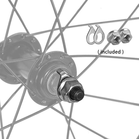 Close-up of 18 Inch Kids Bike Front Wheel Replacement with Air Rubber Tire, Black Steel Rim, Stainless Spokes, Schrader tube.