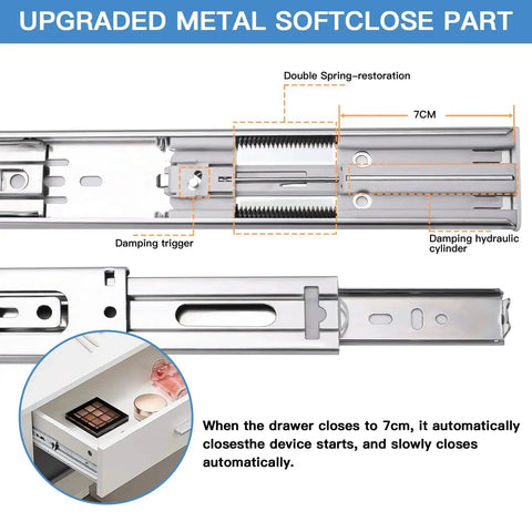 Upgraded metal soft-close part of 18 Inch Drawer Slides Set With Soft Close And Full Extension Ball Bearing Rails with damping details