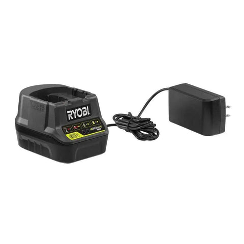 Charger for 18V Air Strike Brad Nailer Kit with two batteries and corded plug, on white background