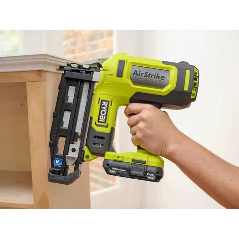 18V Cordless AirStrike 16 Gauge Finish Nailer Renewed Tool Only No Battery Or Charger in use on wooden cabinetry
