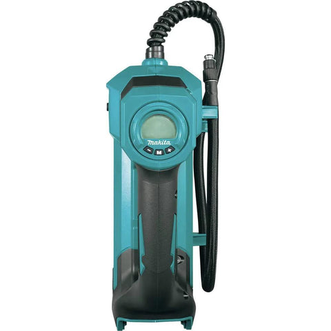 Makita DMP181ZX 18V cordless high-pressure inflator with teal housing and coiled hose.