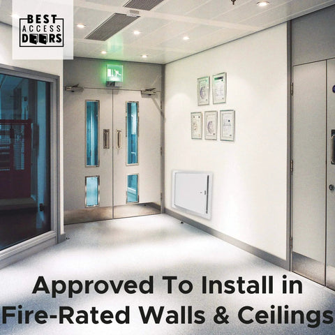 18x18 Insulated Fire Rated Metal Access Door With Flange installed in a fire-rated wall of a modern building corridor