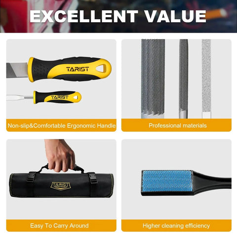 19-Piece Metal And Wood File Set With Tool Bag highlights ergonomic handle, professional materials, carry bag, and cleaning efficiency.