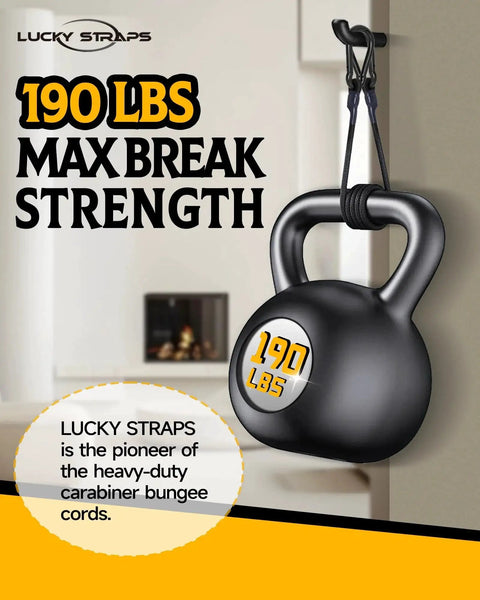 Kettlebell hanging by 8 Pack 12 Inch Heavy Duty Carabiner Bungee Cords With 190 Lbs Break Strength Upgraded Carabiner Hooks