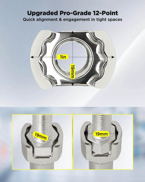 Close-up of One Half Inch Drive Strut Channel Impact Socket Five Inch Deep Cr-V Nickel Plated Crack Resistant 12-Point Double Hex