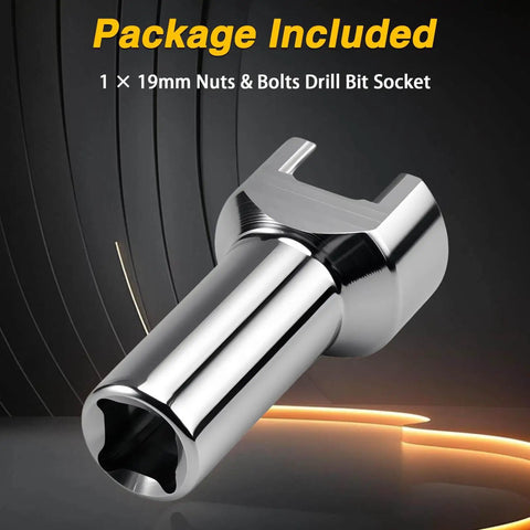 Close-up of durable stainless steel 3/4 inch strut channel adapter kit drill bit socket for 19mm bolt heads.