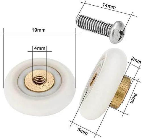 Set of 4 shower door wheels rollers with 19mm diameter and 5mm thickness, stainless steel screws, close-up view