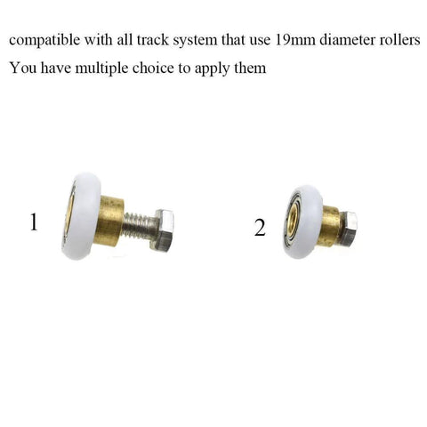 19mm diameter rollers with brass hubs and stainless steel screws, suitable for track systems as shown in image.