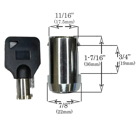 19mm Tubular Roll-Up Lock Cylinder with 1 Cylinder and 3 Keys shown with dimensions for roll-up doors, warehouses, and industrial use.