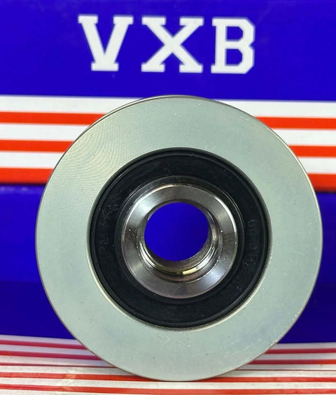 Alternator freewheel clutch pulley bearing by VXB Bearings, metal pulley with black seal, front view.