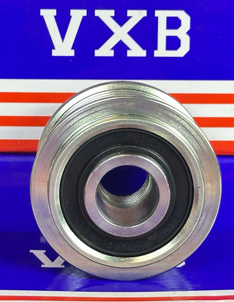 F559585 alternator freewheel pulley bearing, VXB Bearings, front view, silver metal with threaded bore