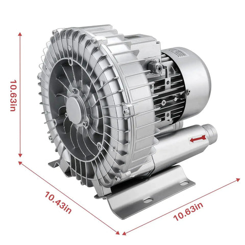 1HP Regenerative Blower With 85 CFM Air Flow At 110V Single Phase High Pressure Vortex Ring Pump shown in side view