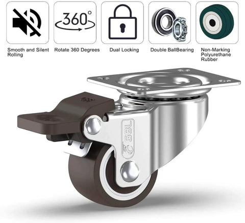 1 Inch Small Caster Wheels With 4 Brakes And Screws, 90 Lb Load Capacity, Low Profile Silent Castors For Cart And Furniture