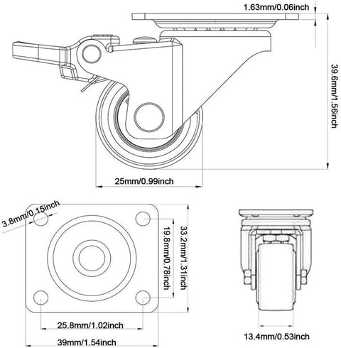 Technical drawing of 1 Inch Small Caster Wheels With 4 Brakes And Screws, 90 Lb Load Capacity for furniture, set of 4.