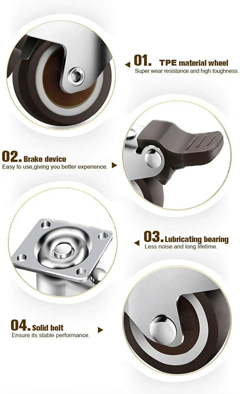 Close-up of 1 Inch Small Caster Wheels With 4 Brakes And Screws showing material, brake device, lubricating bearing, and solid bolt.