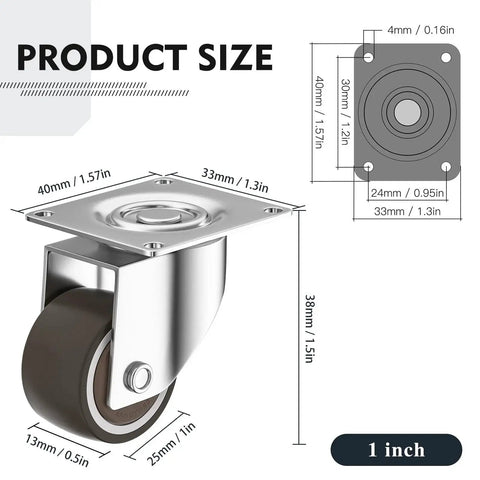 Low Profile 1 Inch Caster Wheels Set Of 4 For Small Furniture No Noise Premium Rubber Casters With 360 Degree Top Plate