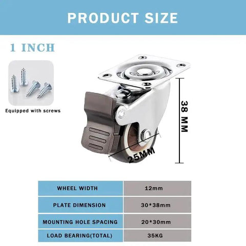 Small Caster Wheels 1 Inch Low Profile 360 Degree Swivel Casters Set Of 4 For Furniture Workbench And Cart With 2 Brakes And 2 Without Brakes Noise Free Smooth Quiet Rolling With Ball Bearings Includes 16 Screws And 1 Screwdriver For Mounting shown with dimensions and screws