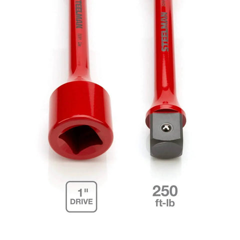 Red 1-inch Drive 250 ft-lb Torque Limiting Extension Bar with chrome moly steel, close-up view highlighting design and measurement specs.