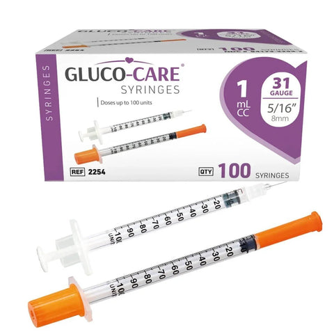 1 mL Syringes 31G 8mm Orange Cap 100 Count Box For Precise Dosing With Smooth Plunger And Clear Scale packaging and syringes