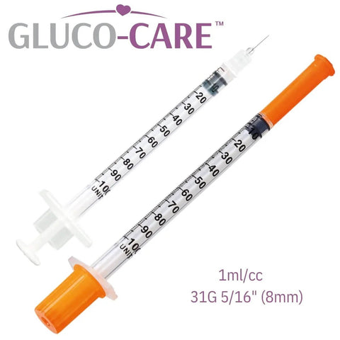 1 mL Syringes 31G 8mm Orange Cap 100 Count Box For Precise Dosing With Smooth Plunger And Clear Scale image showing two syringes.