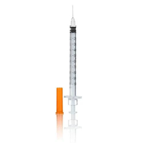 1 mL Syringe With 31G Needle Five Sixteenth Inch Length Individually Wrapped Pack Of 100 For Lab Use with cap, front view