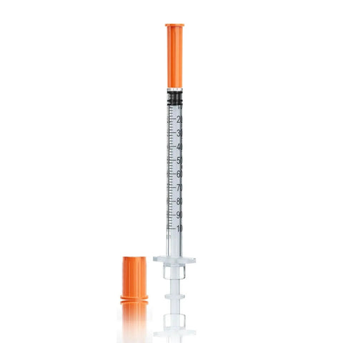 1 mL Syringe With 31G Needle Five Sixteenth Inch Length Individually Wrapped, shown upright with cap off, Pack Of 100 For Lab Use