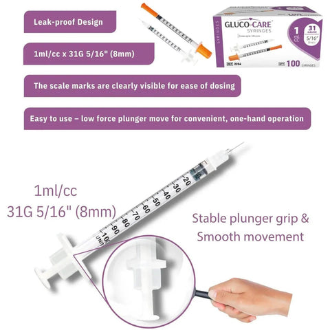 1 mL Syringes 31G 8mm Orange Cap 100 Count Box for precise dosing with smooth plunger and clear scale shown in use