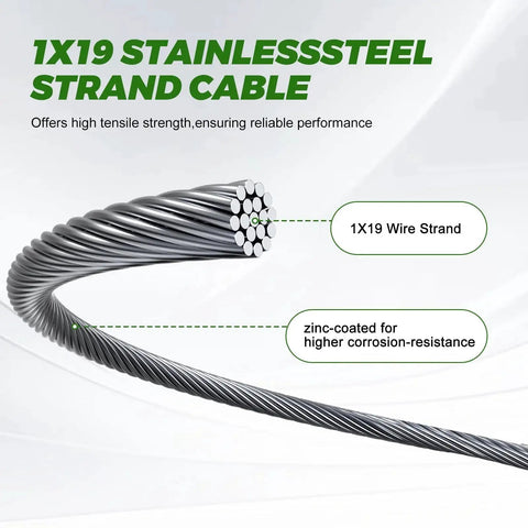 1x19 stainless steel strand cable with zinc coating for corrosion resistance, detailed close-up of wire structure and description.