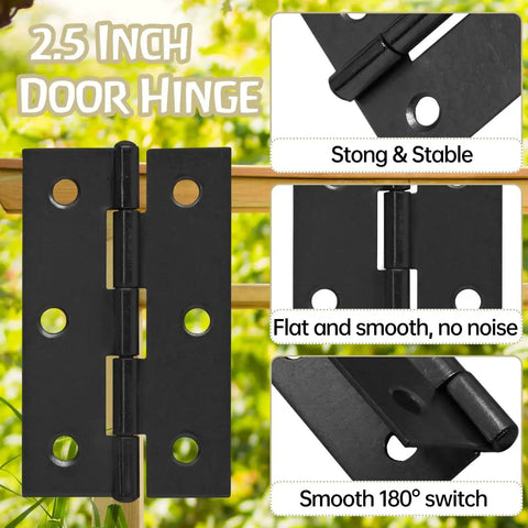 2.5 inch black butt door hinge shown with ball bearing design, highlighted features include durable steel construction and smooth operation.
